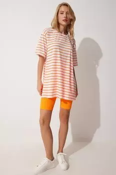 Женская сезонная футболка оверсайз в оранжевую полоску с разрезом Happiness stanbul, белый