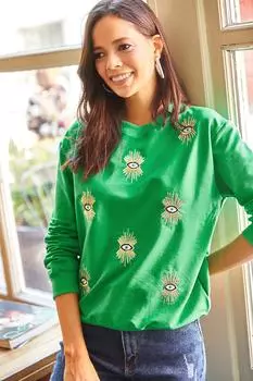 Женская сезонная толстовка с вышивкой травяных зеленых глаз Olalook, зеленый
