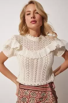 Женская сезонная трикотажная блузка с оборками и косточками Happiness stanbul, экрю