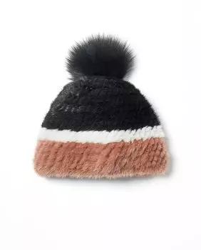 Женская шапка из норки с помпоном из трехцветной лисы розового цвета Maximilian, мультиколор