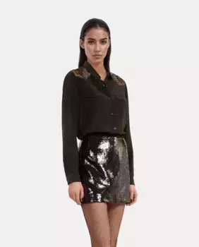 Женская шелковая рубашка с кружевными вставками The Kooples, черный