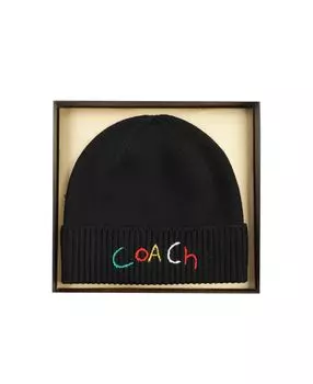 Женская шерстяная шапка с вышивкой в рубчик в штучной упаковке COACH, черный
