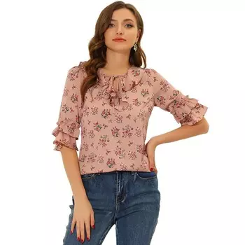 Женская шифоновая блузка с цветочным принтом и завязками на шее, топ с расклешенными рукавами и рюшами ALLEGRA K, розовый
