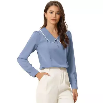 Женская шифоновая рубашка с воротником Питера Пэна и отделкой крючком, офисная блузка с длинными рукавами ALLEGRA K, цвет Dusty Blue