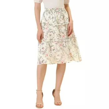 Женская шифоновая юбка-миди с цветочным принтом и эластичной резинкой на талии ALLEGRA K, белый