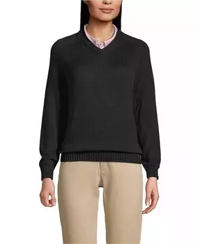 Женская школьная форма, хлопковый модал, свитер с V-образным вырезом Lands' End, черный