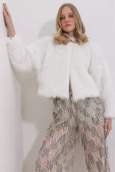 Женская шуба на подкладке цвета экрю ALC-X11398 Trend Alaat Stili