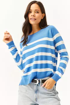 Женская сине-белая хлопково-вискозная трикотажная блузка с круглым вырезом Olalook, синий