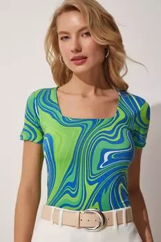 Женская сине-зеленая вискозная блузка с квадратным воротником и узором Happiness stanbul, разноцветный