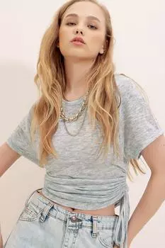 Женская синяя блузка-бретелька со сборками по бокам с узором Trend Alaat Stili, серый