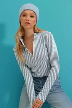 Женская синяя блузка в полоску в рыбацкую полоску на молнии спереди Trend Alaat Stili, синий