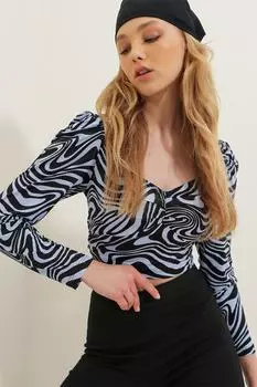 Женская синяя, черная с узором воротник-стойка с рукавами принцессы, мягкая текстурированная укороченная блузка с рисунком ALC-X7319 Trend Alaat Stili, разноцветный