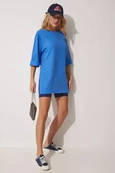 Женская синяя футболка оверсайз из чесаного хлопка с боковыми разрезами Happiness stanbul, синий