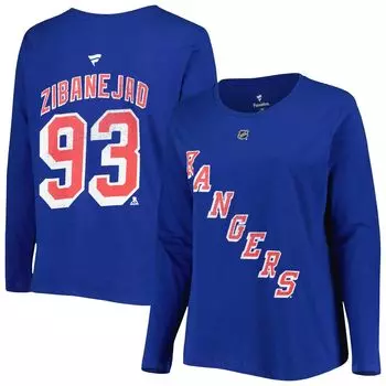 Женская синяя футболка с длинным рукавом с именем и номером Mika Zibanejad New York Rangers размера плюс