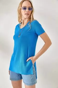 Женская синяя футболка с v-образным вырезом и разрезами по бокам Olalook, синий