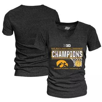 Женская синяя футболка с v-образным вырезом 84 Heathered Black Iowa Hawkeyes 2022 Big Ten, мужская баскетбольная конференция, турнир чемпионов, раздевалка