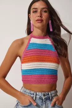 Женская синяя розовая укороченная трикотажная блузка с завязками Happiness stanbul, синий