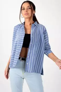 Женская синяя свободная рубашка в ассиметричную полоску armonika, синий