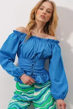 Женская синяя тканая блузка с воротником Мадонны и поясом на шнуровке, детальная тканая блузка ALC-X9919 Trend Alaat Stili, синий