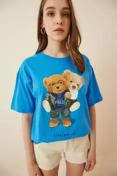 Женская синяя трикотажная футболка оверсайз с принтом плюшевого мишки Happiness stanbul, синий
