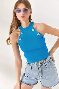 Женская синяя укороченная трикотажная блузка с воротником-халтером и пуговицами Olalook, синий