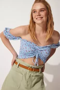 Женская синяя укороченная трикотажная футболка из вискозы с принтом Happiness stanbul, синий