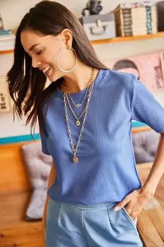 Женская синяя вязаная укороченная футболка на шнуровке Olalook, синий