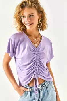 Женская сиреневая блузка из вискозы со сборками спереди и летучей мышью Olalook, фиолетовый