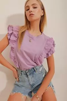 Женская сиреневая блузка с круглым вырезом и фестонами Trend Alaat Stili, фиолетовый