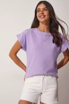 Женская сиреневая хлопковая трикотажная базовая футболка Happiness stanbul, фиолетовый