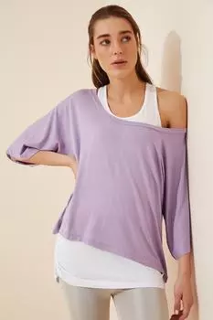 Женская сиреневая майка, повседневная двойная футболка Happiness stanbul, розовый