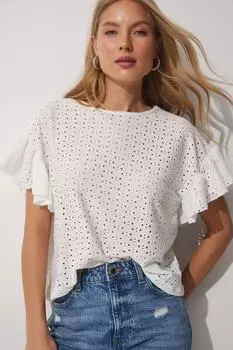 Женская слегка прозрачная трикотажная блузка с воланами цвета экрю Happiness stanbul