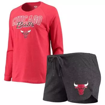 Женская спортивная футболка с длинными рукавами и шорты с принтом Chicago Bulls Concepts, черная/красная с принтом, футболка и шорты для сна