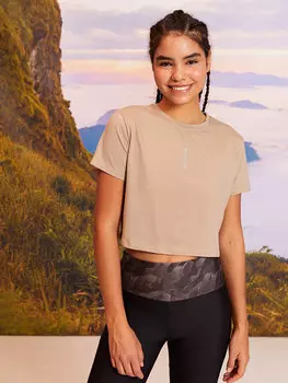 Женская спортивная футболка с коротким рукавом с круглым вырезом и принтом LCW Active, бежевый