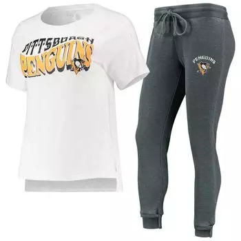 Женская спортивная темно-серая/белая футболка Pittsburgh Penguins Resurgence Slub Burnout реглан и комплект для сна для женщин Concepts
