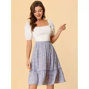 Женская струящаяся многоуровневая юбка-миди трапециевидной формы с цветочным принтом и рюшами по подолу ALLEGRA K, белый