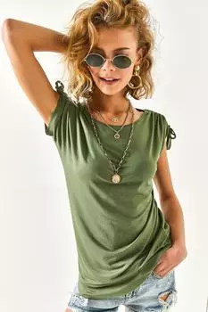 Женская струящаяся трикотажная блузка цвета хаки со сборками на плечах Olalook