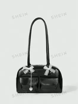 Женская сумка через плечо Kawaii, милый винтажный стиль, украшенная бантом и формой сердца, сумка через плечо Boston С несколькими отделениями для хранения идеально подходит для школ Romwe, черный