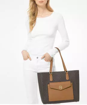 Женская сумка-тоут с карманами на кнопках Michael Kors Joey MK Signature TZ, коричневый