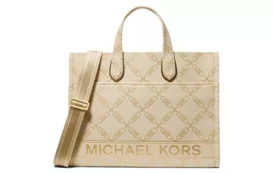 Женская сумка-туба из ткани с короткими рукавами цвета экрю и золота MICHAEL KORS