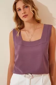 Женская светло-фиолетовая струящаяся блузка Airobin с квадратным воротником Happiness stanbul, темно-синий