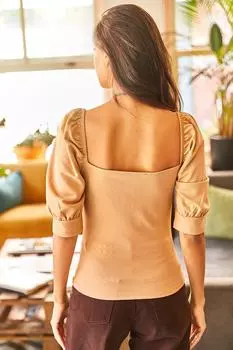 Женская светло-коричневая блузка из лайкры с присборенными рукавами спереди Olalook, бежевый