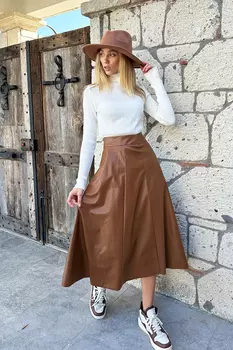 Женская светло-коричневая кожаная юбка миди ALC-X11177 Trend Alaat Stili, коричневый