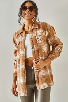 Женская светло-коричневая повседневная рубашка в клетку с двумя карманами и кешью Olalook, коричневый