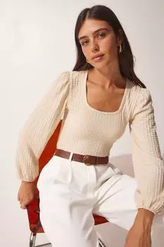 Женская светло-кремовая трикотажная блузка с квадратным вырезом и текстурой Happiness stanbul, бежевый