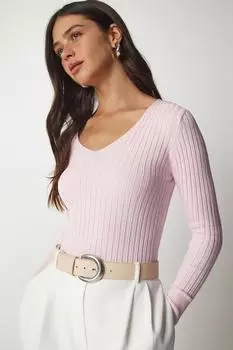 Женская светло-розовая базовая блузка в рубчик с v-образным вырезом Happiness stanbul, розовый