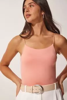 Женская светло-розовая трикотажная боди-блузка с веревочными ремнями Happiness stanbul, розовый
