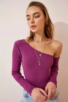 Женская светло-сливовая трикотажная блузка с открытыми плечами и шнуровкой Happiness stanbul, фиолетовый
