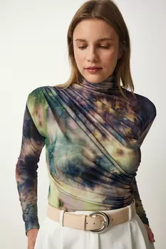 Женская светло-зеленая блузка песочного цвета с высоким воротником и драпировкой Happiness stanbul, темно-синий