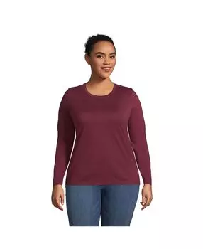 Женская свободная хлопковая футболка больших размеров с круглым вырезом Supima с длинными рукавами Lands' End